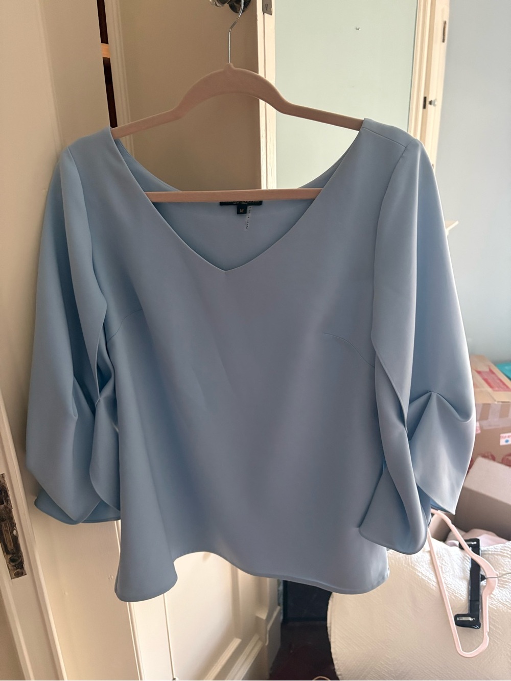 Alberto Makali Powder Blue V-Neck Draped Sleeve Blouse
